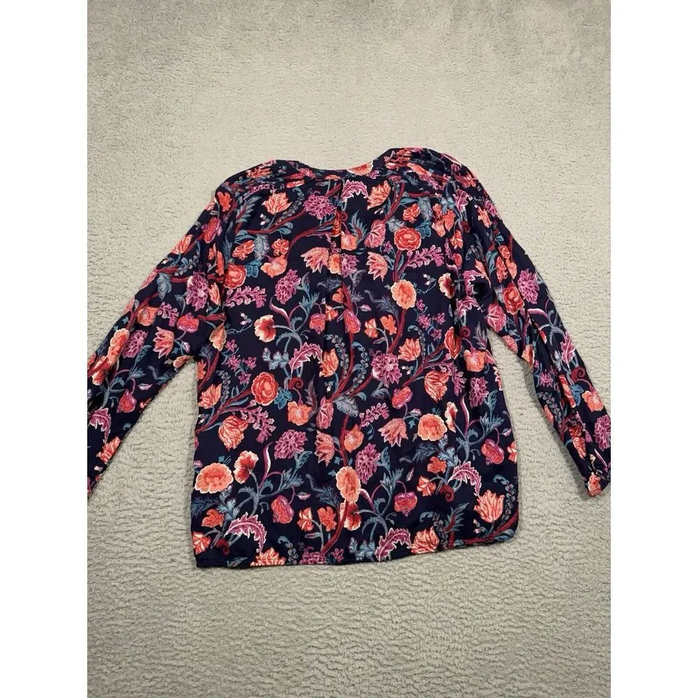 Lucky Brand Womens Blouse XL Dark Blue Red Pink Floral Long Sleeve Tie‎ Front - Picture 11 of 12